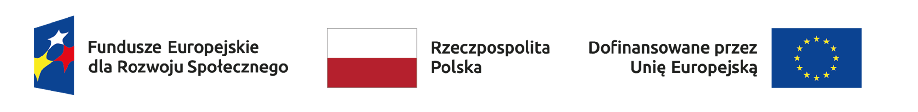 Logotypy Funduszy Europejskich dla Rozwoju Społecznego, Rzeczypospolitej Polskiej oraz Unii Europejskiej z informacją o dofinansowaniu przez Unię Europejską.
